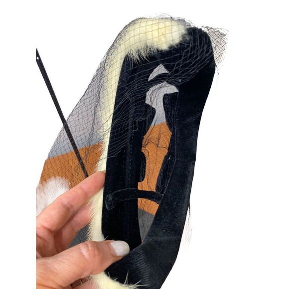 Velour black hat white mink trim and veil - Picture 4 of 6
